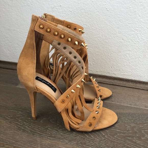 Alexandra G Shoes - Alexandra G Tan Brown Open Toe Studded Strapy Stiletto Heels Size 37 AU 6 NEW